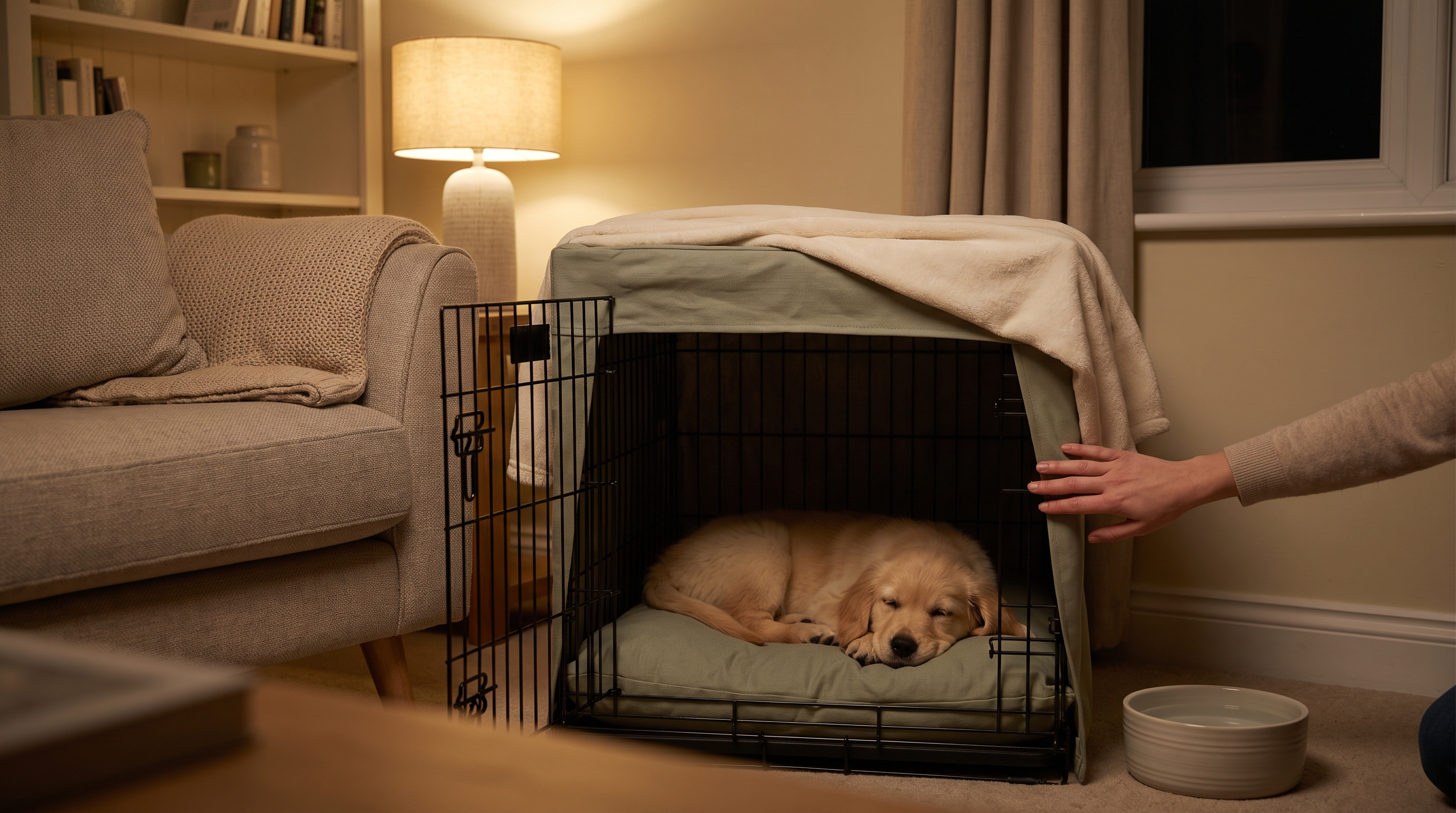 A puppy settling calmly in a crate at night with a soft blanket