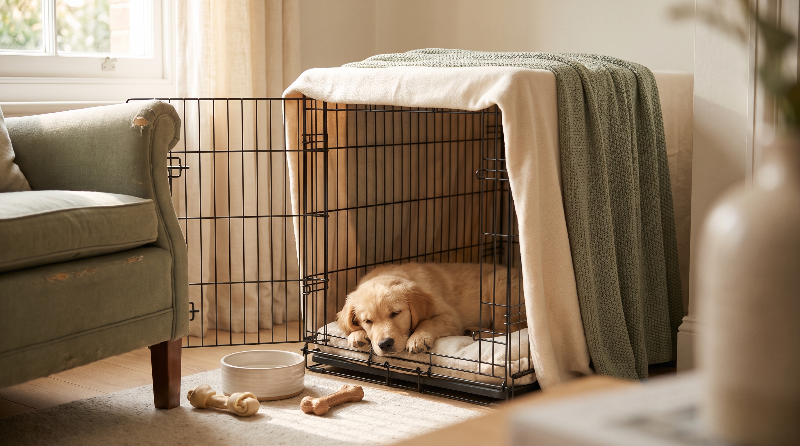 A puppy sitting inside an open crate lined with a soft blanket, looking out