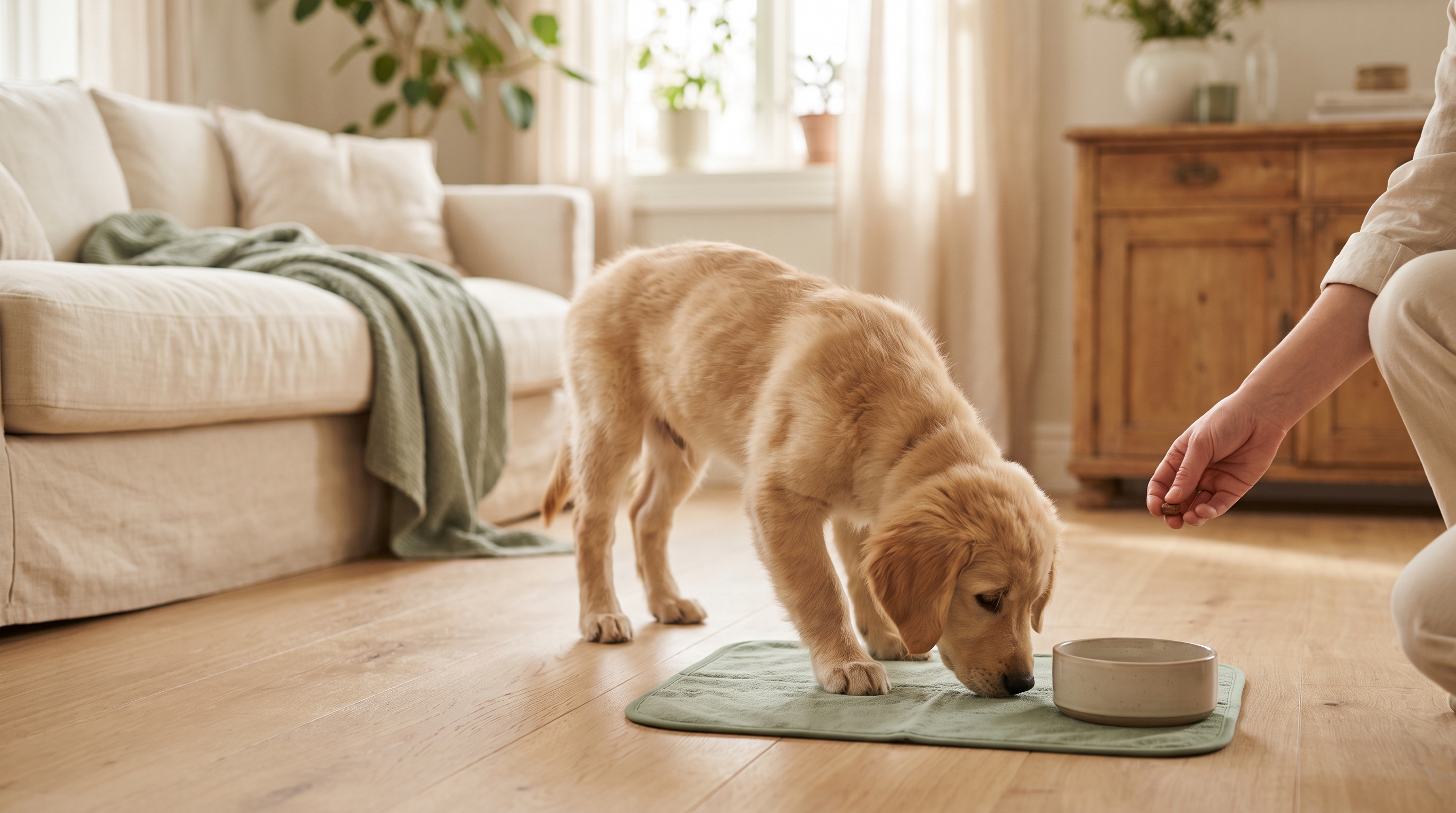 A young puppy sitting on grass beside a back door, learning to potty outside